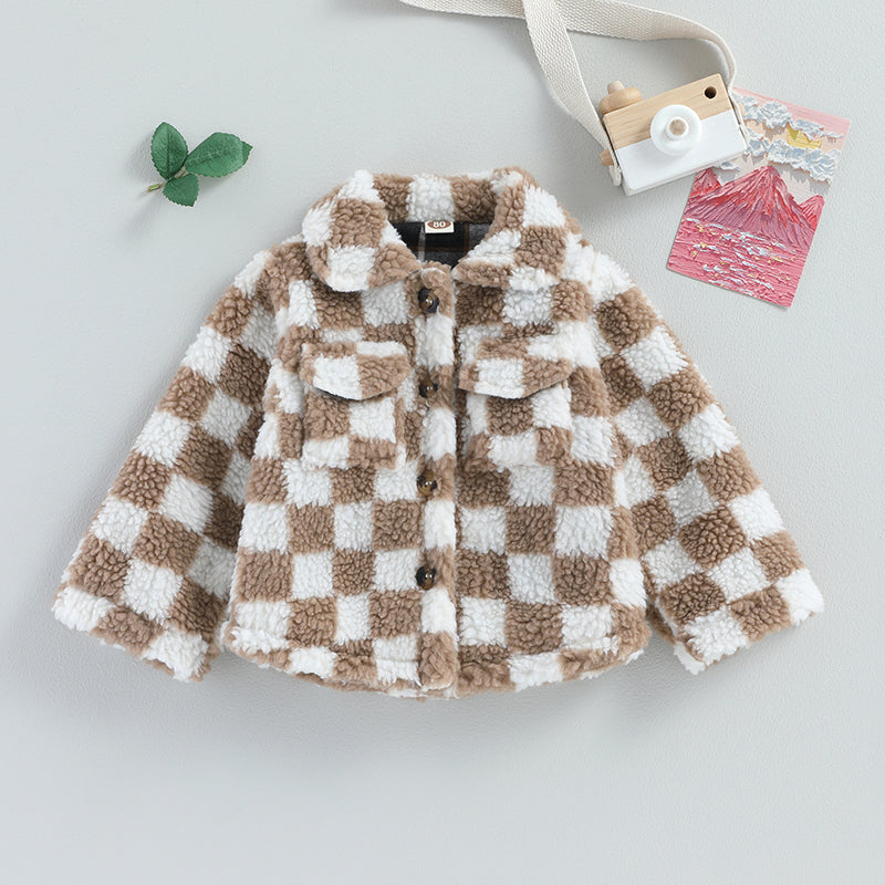 Baby Toddler Girls Plaid Checkered Fleece Coat with Turn-Down Collar Long Sleeves Button-Down Closure and Sherpa Lining - Stylish Winter Outerwear