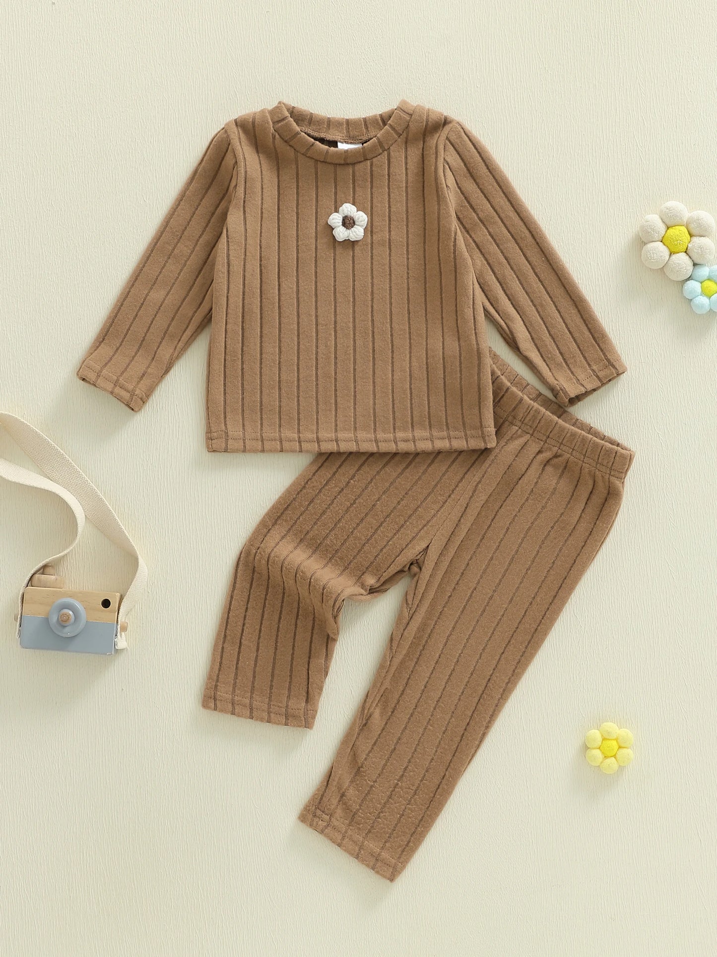 Baby Toddler Girls 2Pcs Clothing Set Long Sleeve Flower Top with Solid Color Pants Outfit