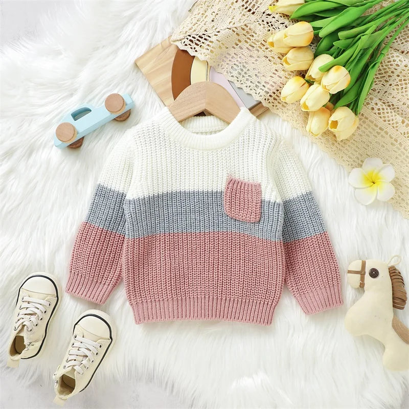 Baby Toddler Boys Girls Knit Sweater Contrast Color Pocket Crewneck Pullover Long Sleeve Top