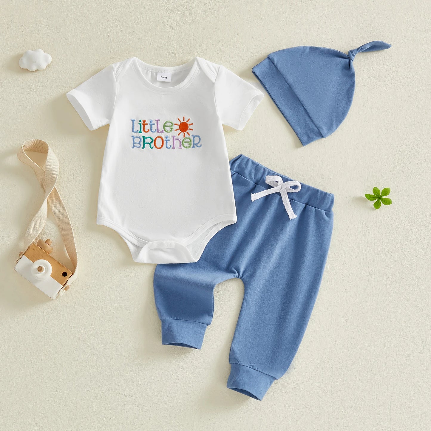 Baby Boys 3Pcs Little Brother Clothing Set Fashionable Short Sleeve Letters Embroidery Romper with Jogger Pants Hat Outfit