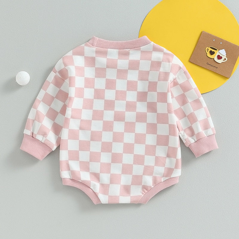 Baby Boy Girl Fall Sweatshirt Bodysuit Checkerboard Print Long Sleeve Jumpsuit Romper