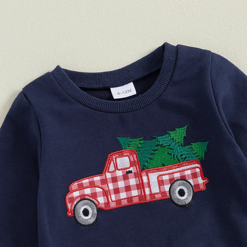 Baby Toddler Boys 2Pcs Christmas Outfit Santa/Truck Embroidery Long Sleeve Top and Plaid Long Pants Set