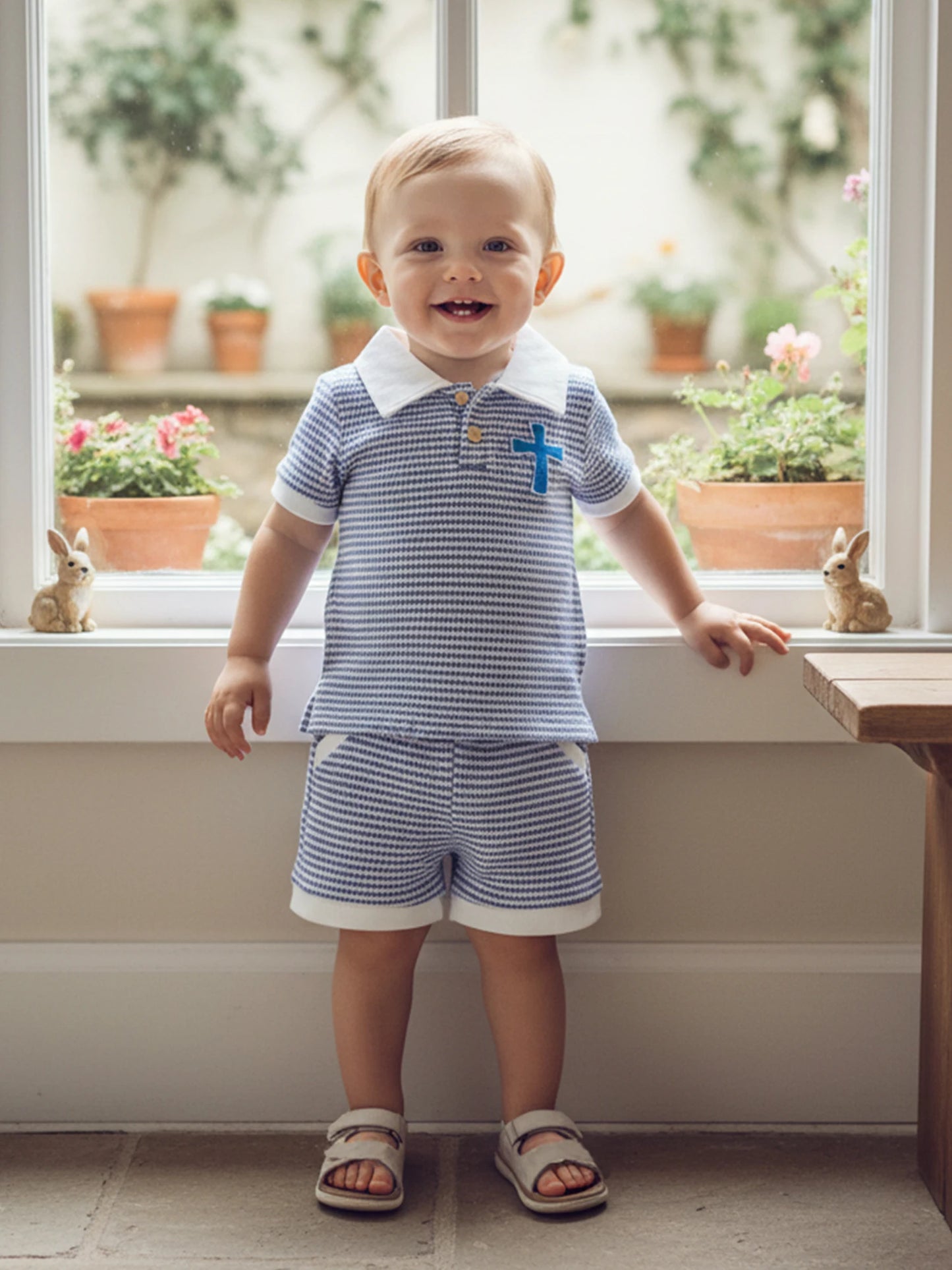 Baby Toddler Boys 2Pcs Easter Outfit Fashionable Striped Short Sleeve Carrot Cross Embroidery Top with Shorts 2Pcs Clothing Set