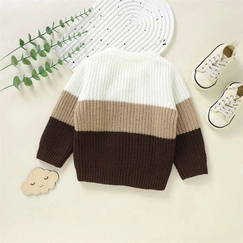 Baby Toddler Boys Girls Knit Sweater Contrast Color Pocket Crewneck Pullover Long Sleeve Top