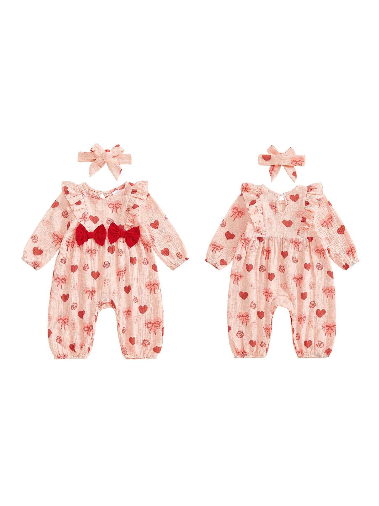 Baby Girl 2Pcs Valentine's Day Outfit Long Sleeve Round Neck Heart Print Jumpsuit Romper with Headband Set