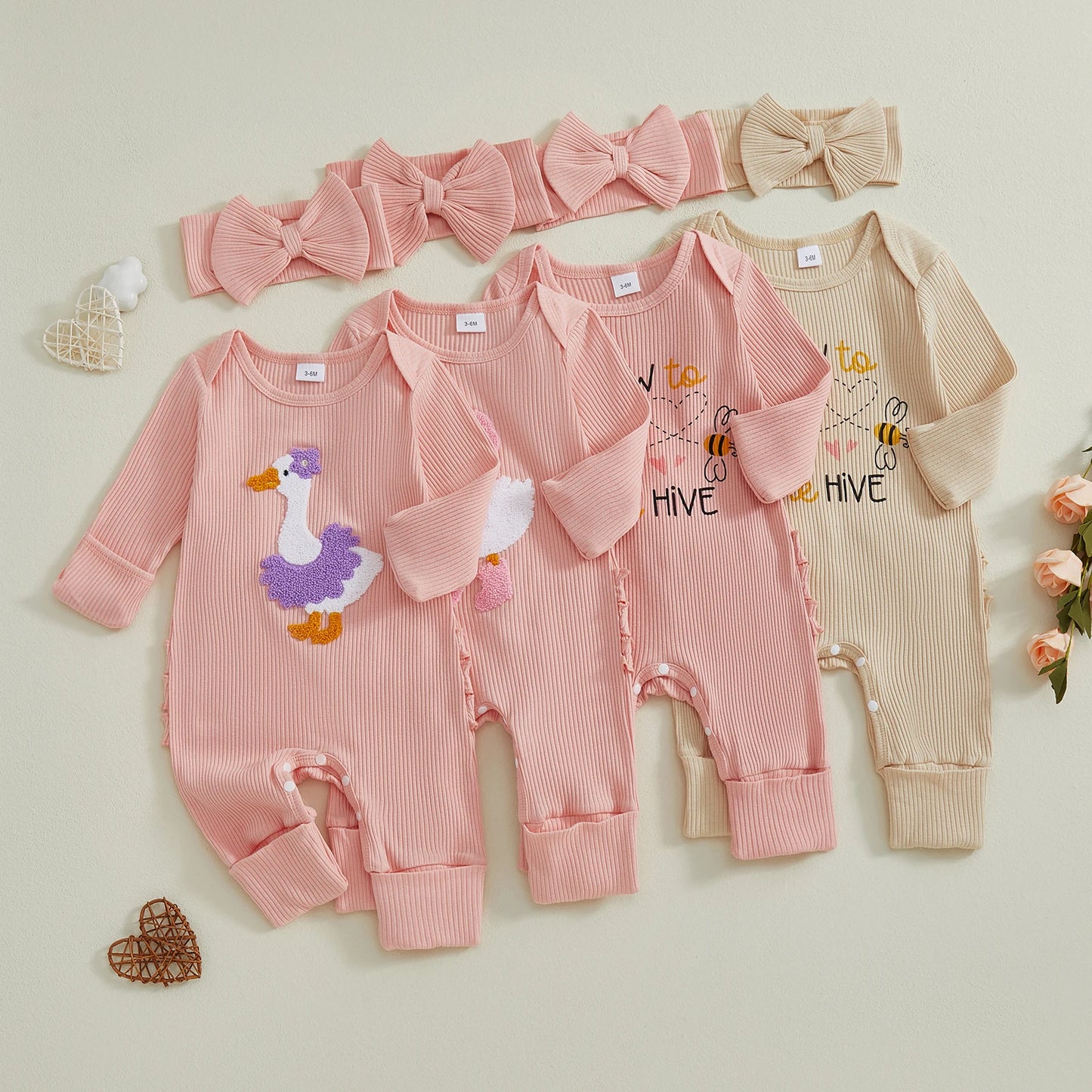 Baby Girl 2Pcs Fall Outfit Golf Goose Bee Print New to the Hive / Club Long Sleeve Ribbed Romper with Bow Headband 2Piece Set