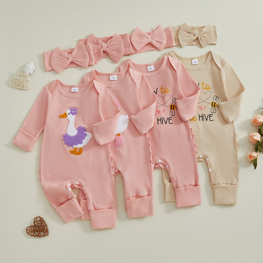 Baby Girl 2Pcs Fall Outfit Golf Goose Bee Print New to the Hive / Club Long Sleeve Ribbed Romper with Bow Headband 2Piece Set