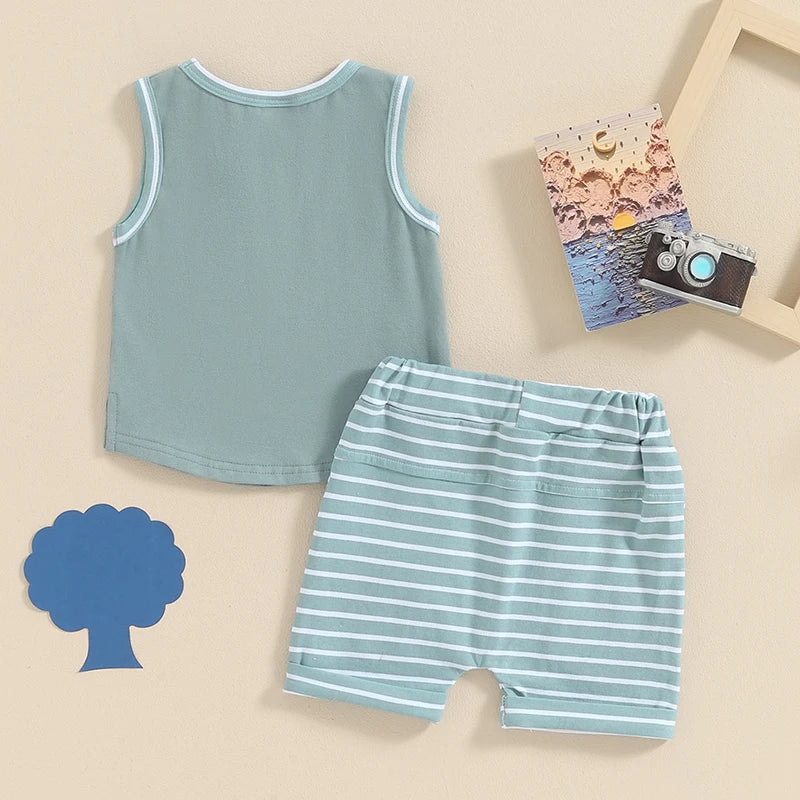 Baby Toddler Boys 2Pcs Summer Outfit Pocket Sleeveless Tank Top and Stripe Elastic Waist Shorts Clothes Set