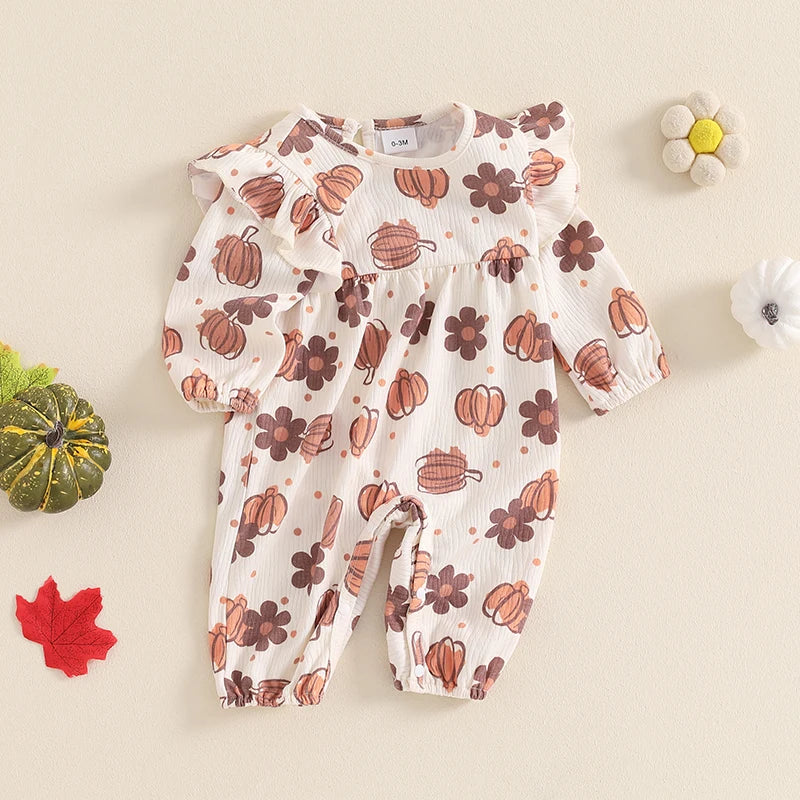 Baby Girl Halloween Thanksgiving Ruffle Romper Pumpkin Flower Print Long Sleeve Full Length Jumpsuit for Fall