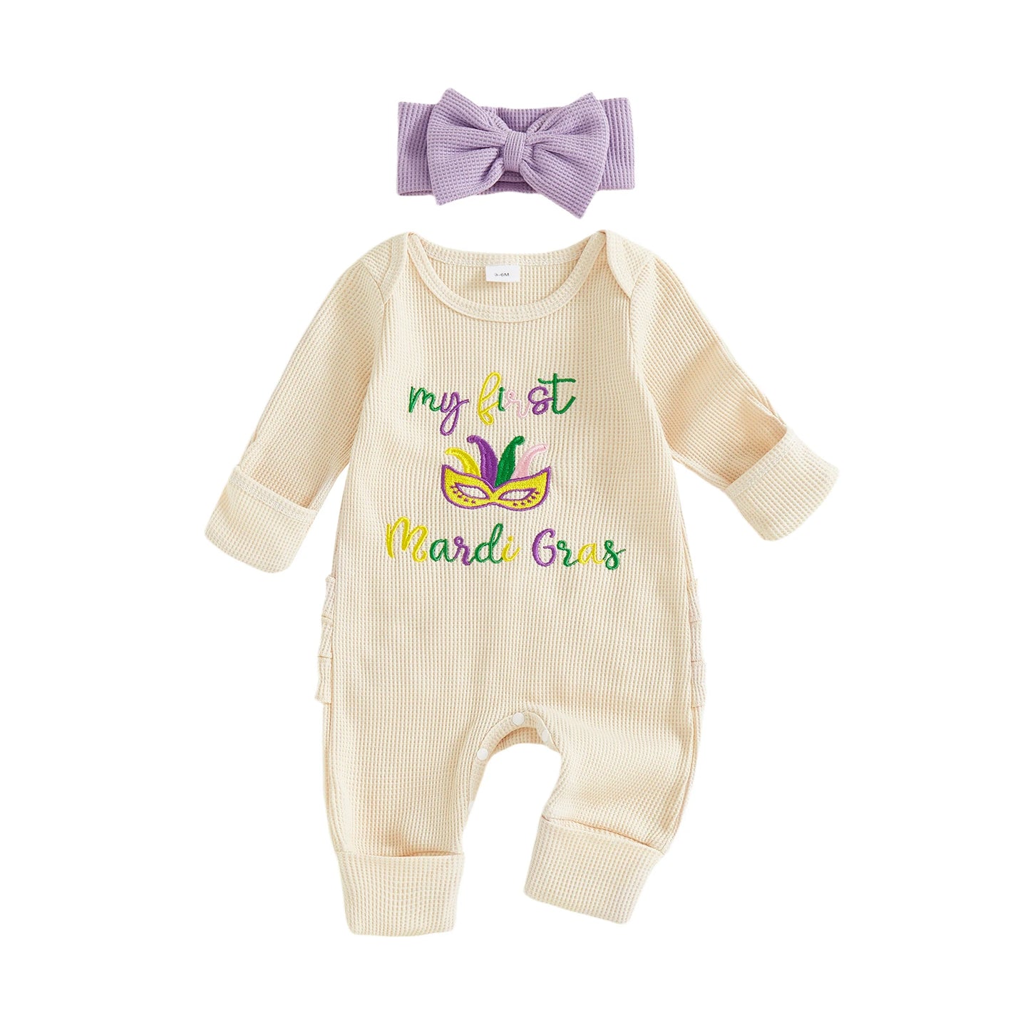 Baby Girl 2Pcs My First Mardi Gras Romper Letter Embroidery Full Length Long Sleeve Crew Neck Bodysuit Bow Headband Set