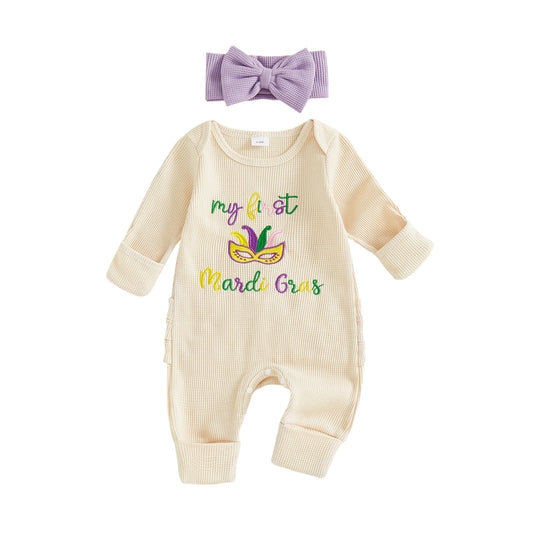 Baby Girl 2Pcs My First Mardi Gras Romper Letter Embroidery Full Length Long Sleeve Crew Neck Bodysuit Bow Headband Set