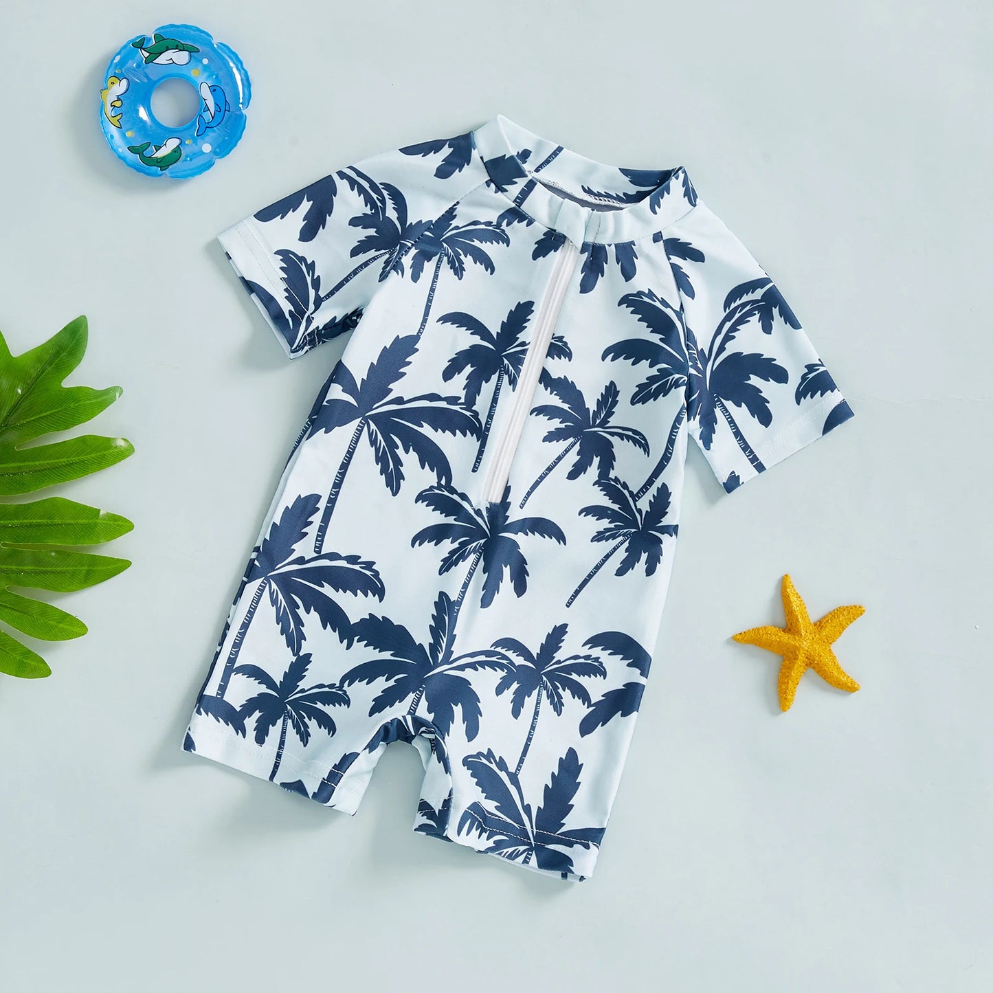Baby Toddler Boys Rash Guard Swimwear Palm Tree Print Short Sleeve Mock Neck Zip Bathing Suit