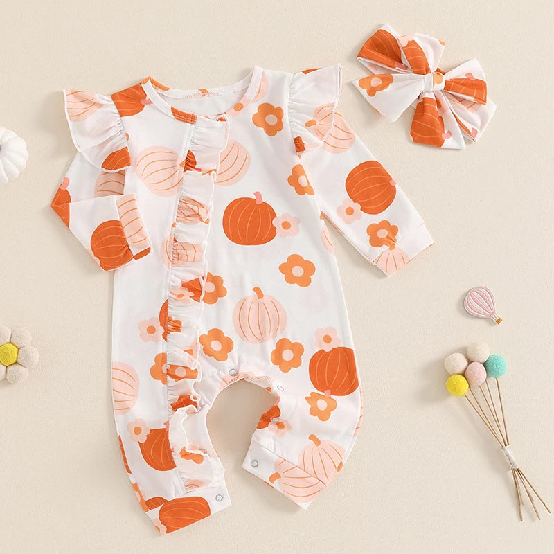 Baby Girls 2Pcs Fall Outfit Long Sleeve Pumpkin Flower Print Jumpsuit with Headband Halloween Clothes Romper Set