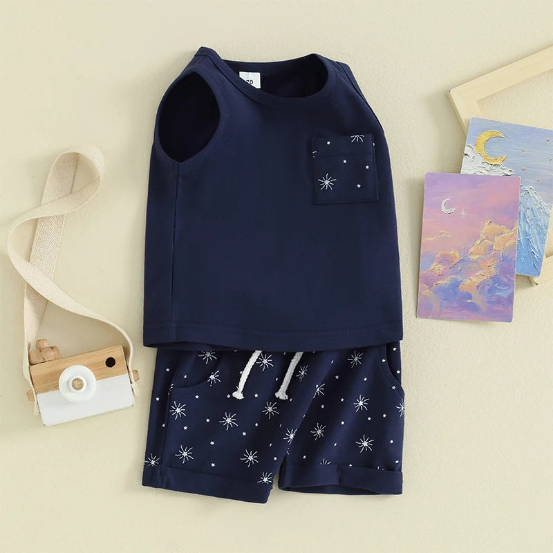 Baby Toddler Boy 2Pcs Summer Shorts Set Star Print Round Neck Tank Tops with Elastic Waist Shorts Outfit