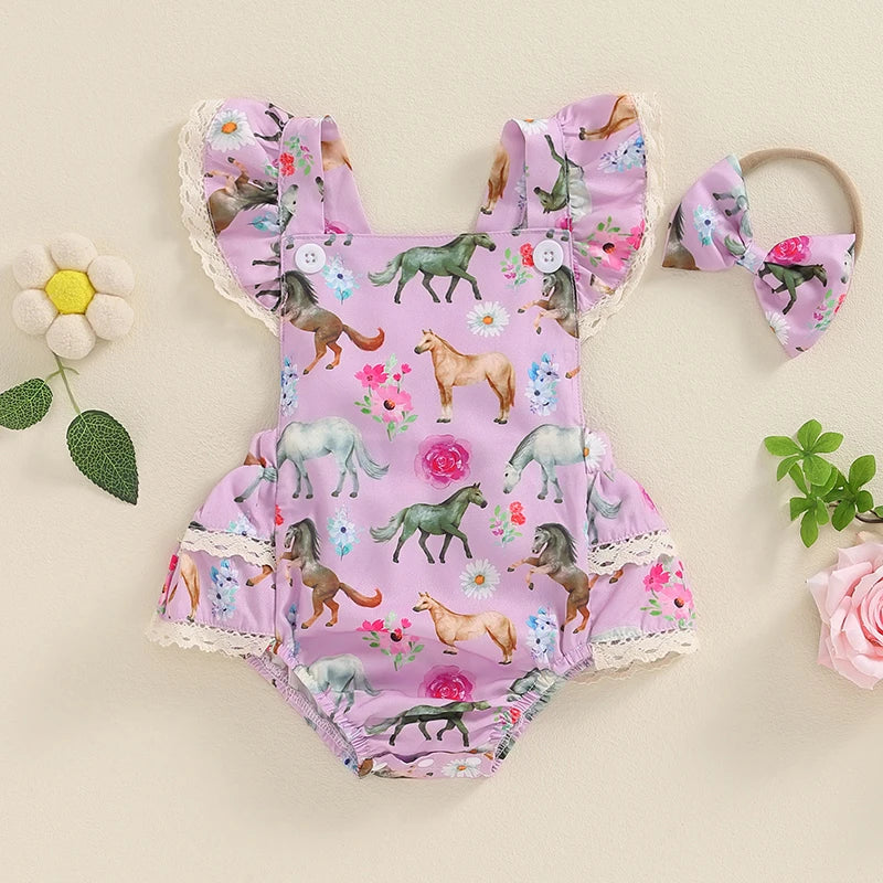 Baby Girl 2Pcs Summer Jumpsuit Farm Cow Horse Sunflower Flower Print Lace Trim Romper and Headband Bow Set