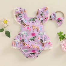 Load image into Gallery viewer, Baby Girl 2Pcs Summer Jumpsuit Farm Cow Horse Sunflower Flower Print Lace Trim Romper and Headband Bow Set
