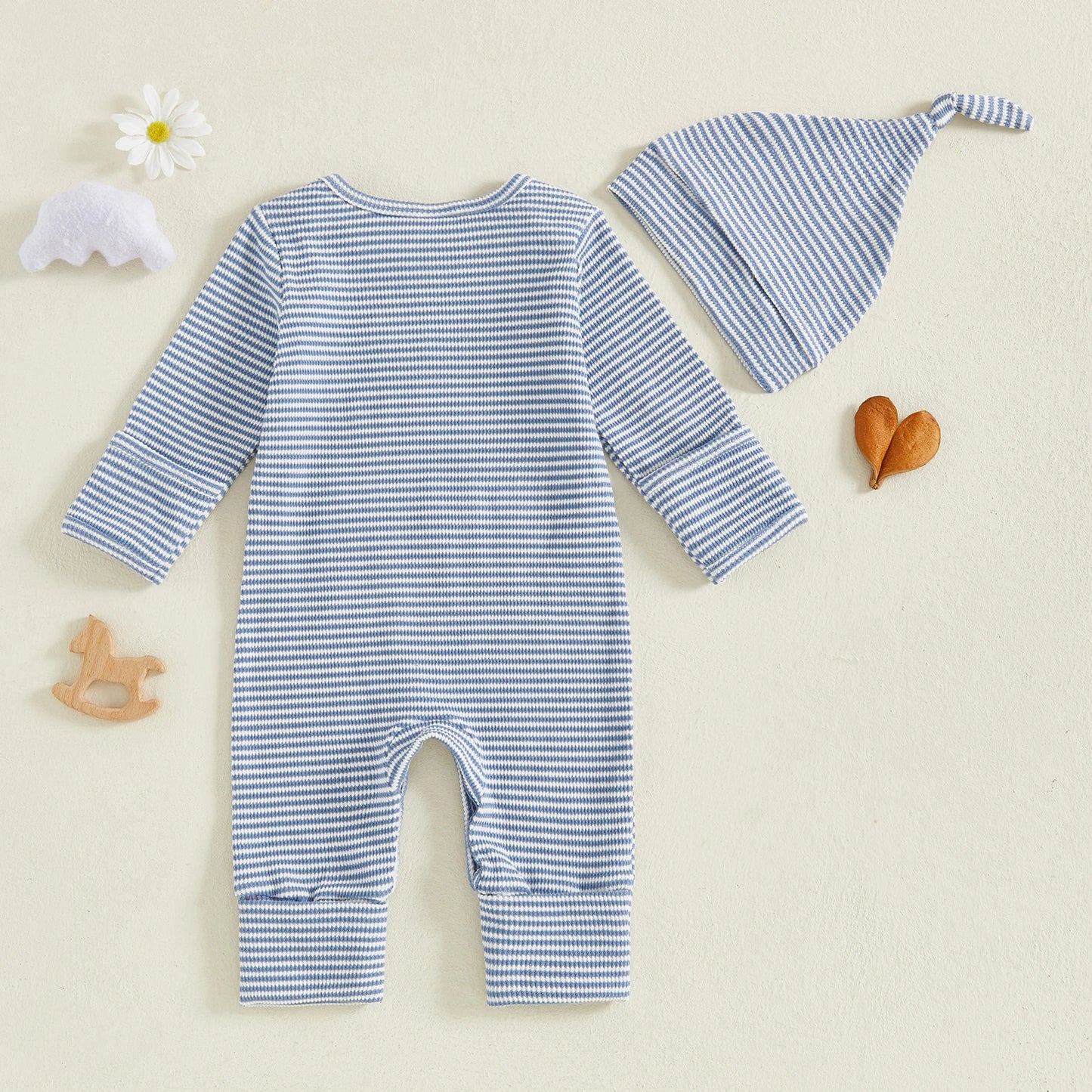 Baby Boy 2Pcs Striped Hello I'm New Here Romper Letters Embroidery Round Neck Long Sleeve Jumpsuit with Hat Set