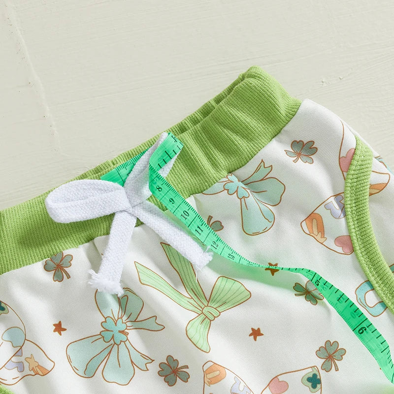 Baby Toddler Girls 3Pcs St. Patrick's Day Outfit Bow Four Leaf Clover Shamrock Print Crew Neck Long Sleeve Top Long Pants Headband Jogger Set