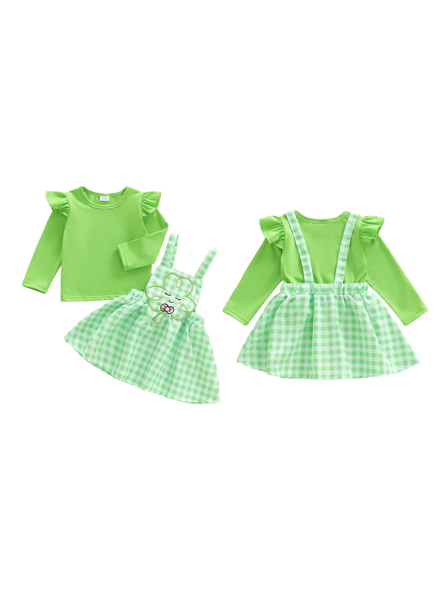 Baby Toddler Girls 2Pcs St. Patrick's Day Outfits Solid Color Long Sleeve Top Shamrock Embroidery Plaid Suspender Overalls Skirt Dress Two Piece Set