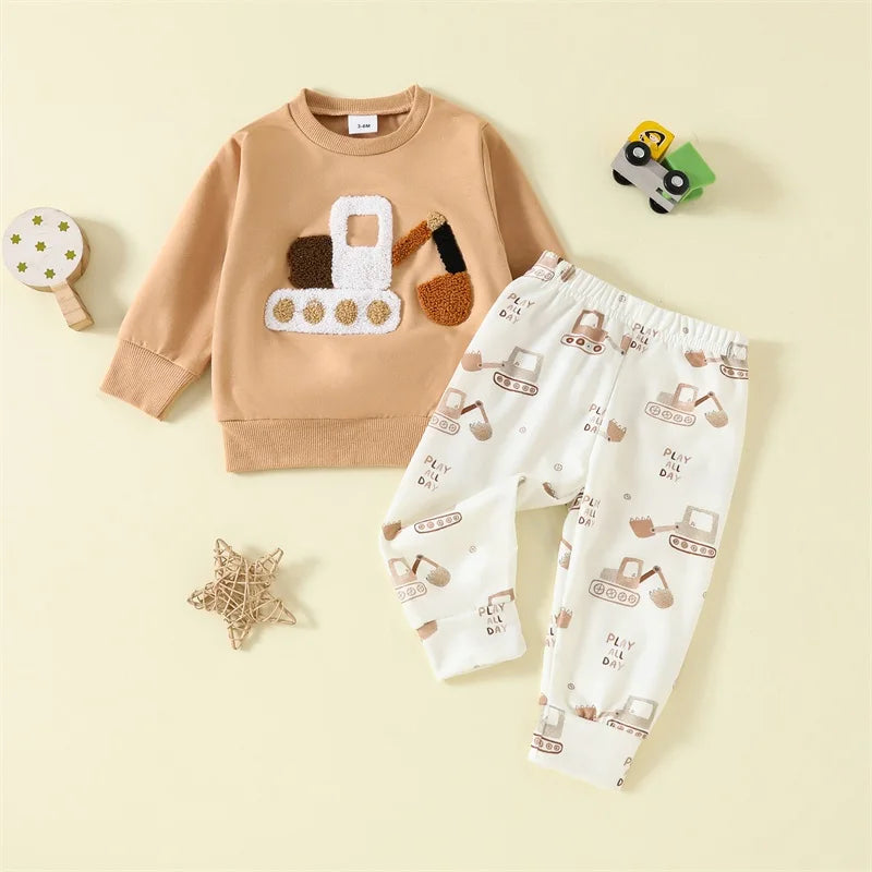 Baby Toddler Boys 2Pcs Outfit Car Tractor Embroidery Long Sleeve Pullover Crewneck Top Elastic Waist Pants Jogger Set