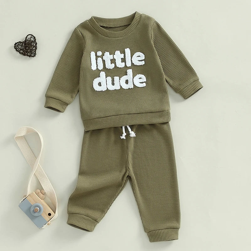 Baby Toddler Boys 2Pcs Little Dude Waffle Outfit Letter Embroidery Long Sleeve Top with Elastic Waist Solid Pants Set