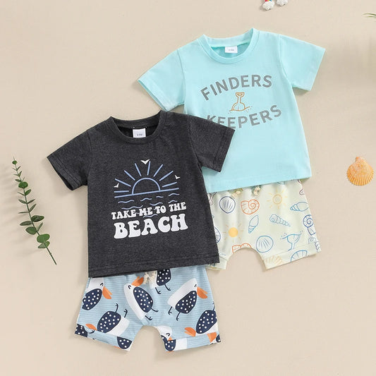 Baby Toddler Boys 2Pcs Finders Keepers / Take Me To The Beach Short Sleeve Letter Print Top and Drawstring Shorts Set