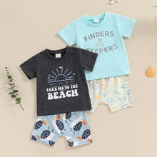 Load image into Gallery viewer, Baby Toddler Boys 2Pcs Finders Keepers / Take Me To The Beach Short Sleeve Letter Print Top and Drawstring Shorts Set
