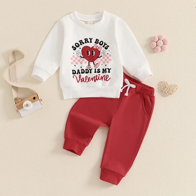 Baby Toddler Girls 2Pcs Sorry Boys Daddy Is My Valentine Valentine's Day Outfit Letter Heart Print Long Sleeve Top with Solid Color Long Pants Jogger Set Valentines