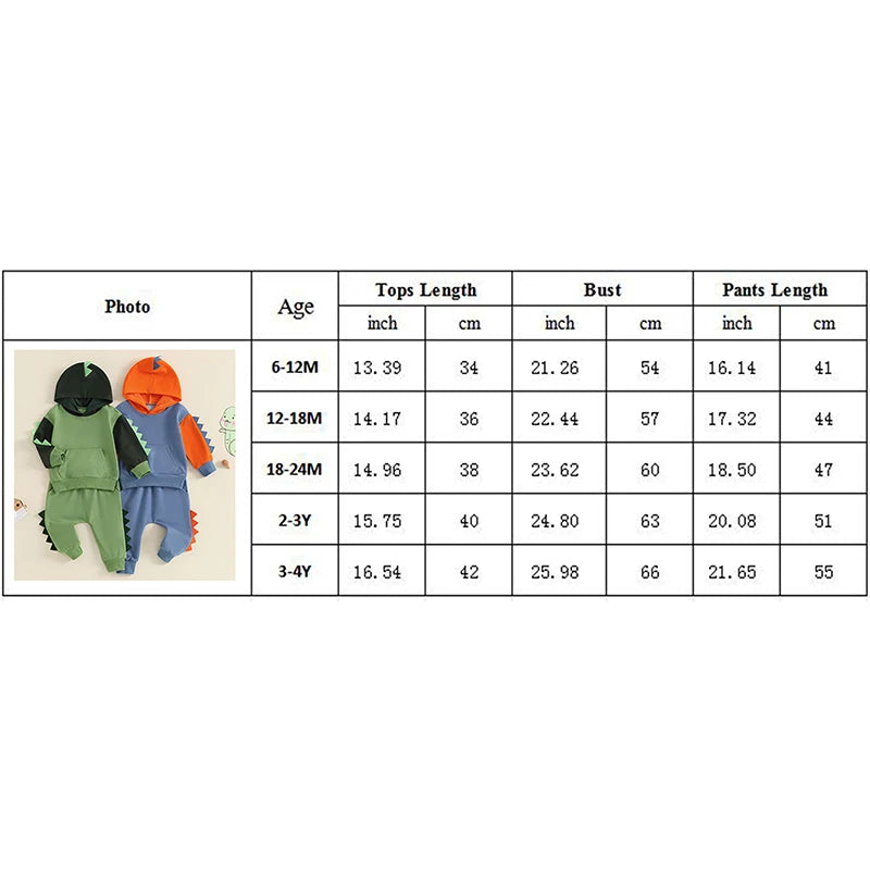 Baby Toddler Boys 2Pcs Dinosaur Outfit Contrast Color Long Sleeve Hoodie Top Elastic Waist Pants Set