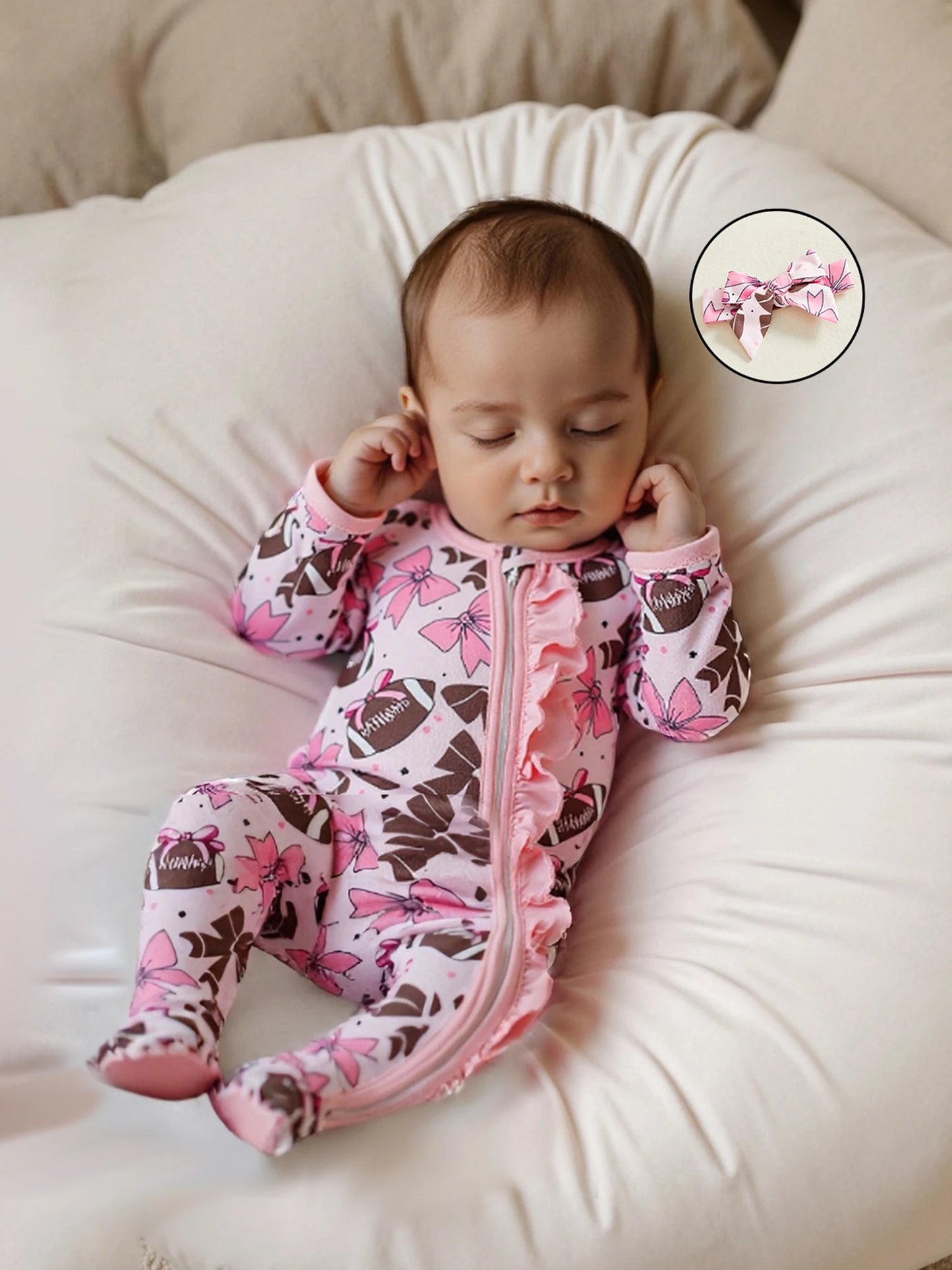 Baby Girl 2Pcs Footed Romper Fashionable Bow and Football Print Ruffled Long Sleeve Jumpsuit with Headband Set