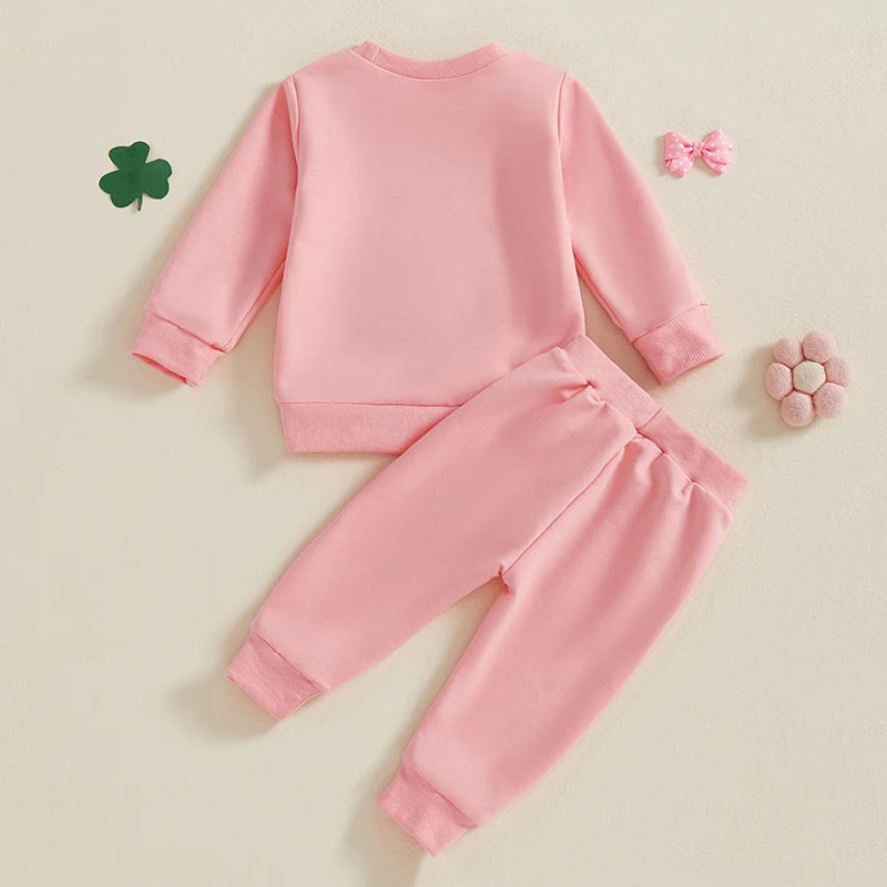 Baby Toddler Boys Girls 2Pcs Spring Outfit Lucky Charm Shamrock Letter Embroidery Long Sleeve Crew Neck Top with Drawstring Pants Jogger Set