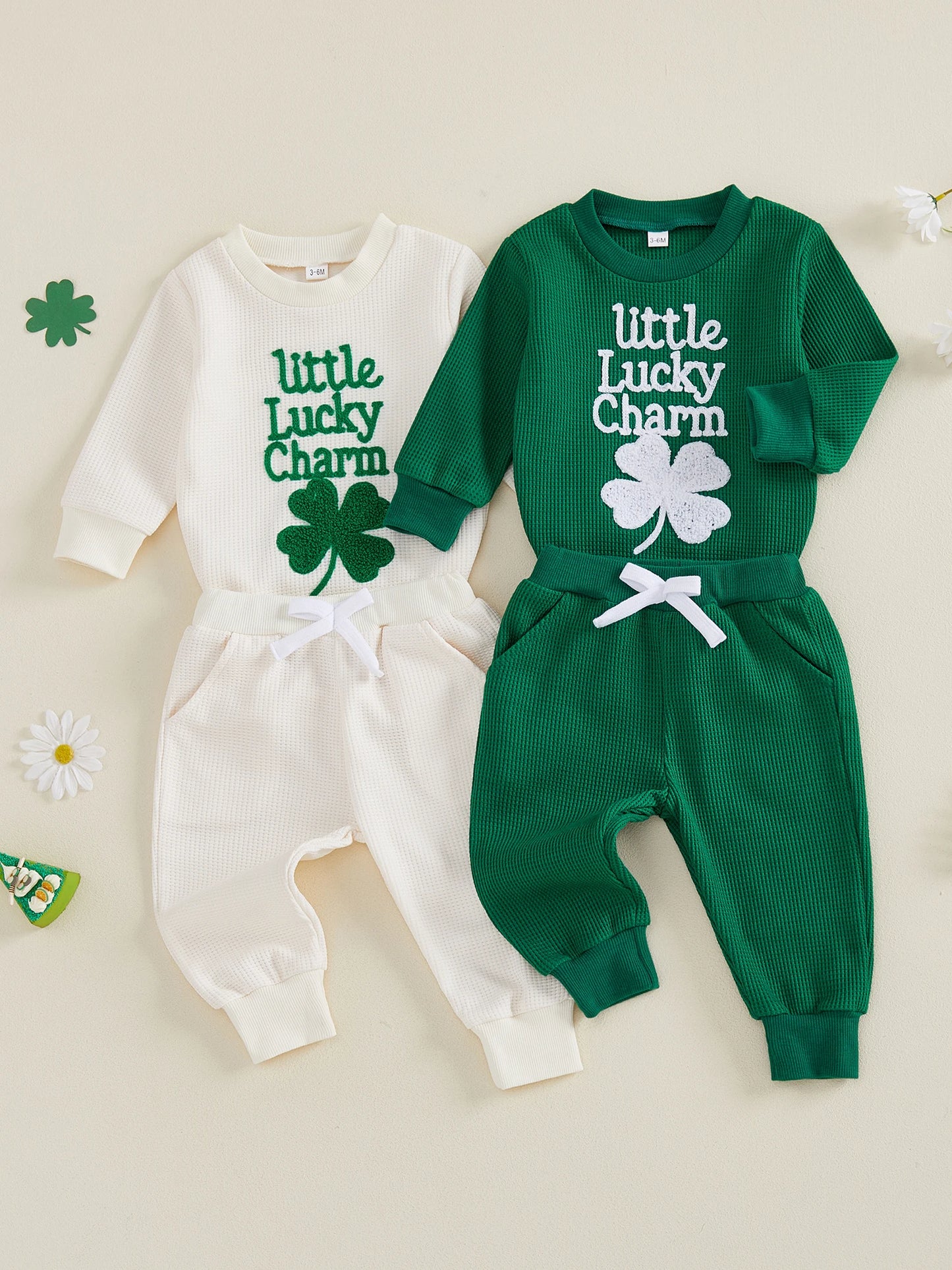 Baby Boys Girls 2Pcs Little Lucky Charm Outfit Long Sleeve O Neck Letter Shamrock Embroidery Jumpsuit Romper and Elastic Waist Pants Set