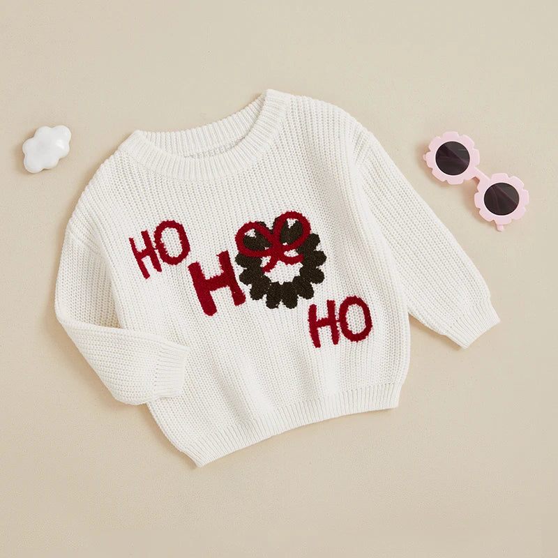 Baby Toddler Boys Gils Christmas Sweater Ho Ho Ho Long Sleeve Round Neck Santa / Wreath Pattern Knit Pullover Top