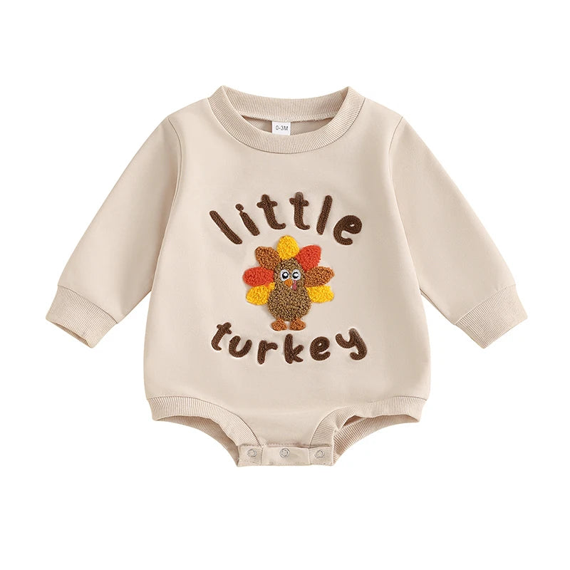 Baby Boys Girls Little Turkey Thanksgiving Romper Letter Print Turkey Embroidery Long Sleeves Round Neck Bubble Jumpsuit