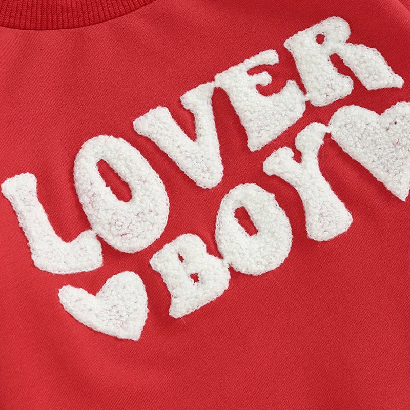 Toddler Baby Boy 2Pcs Valentine's Day Outfits Lover Boy Letter Embroidery Long Sleeve Top and Elastic Pant Clothes Set