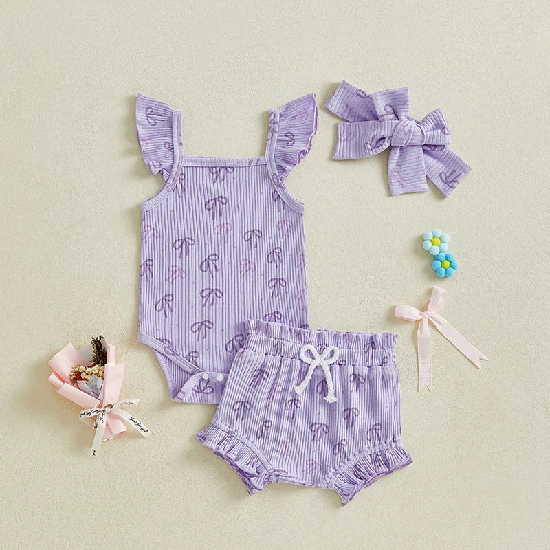 Baby Girls 3Pcs Summer Set Bow Print Fly Sleeve Romper Elastic Waist Ruffle Shorts Headband Outfit Clothes Spring