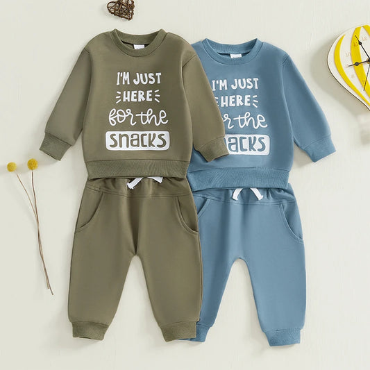 Baby Toddler Boys 2Pcs I'm Just Here For The Snacks Fall Outfit Letter Print Long Sleeve Crewneck Top and Long Pants Jogger Set