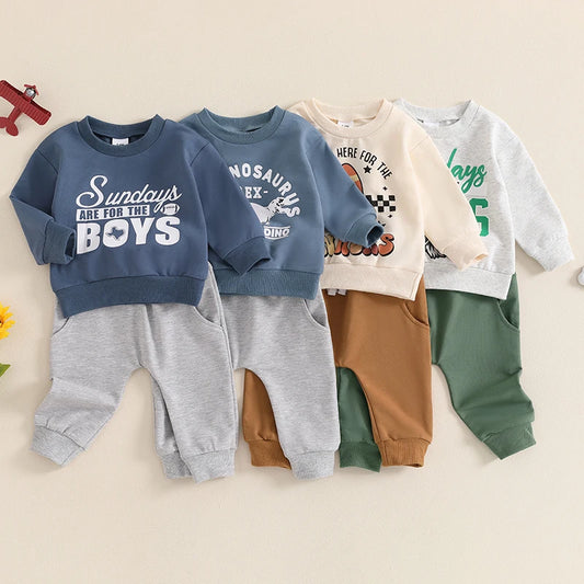 Baby Toddler Boys 2Pcs Sundays Are For the Boys / Team Dino / I'm Just Here For The Snacks /  Fall Outfit Letter / Birds Football Print Long Sleeve Top Elastic Waist Pants Set