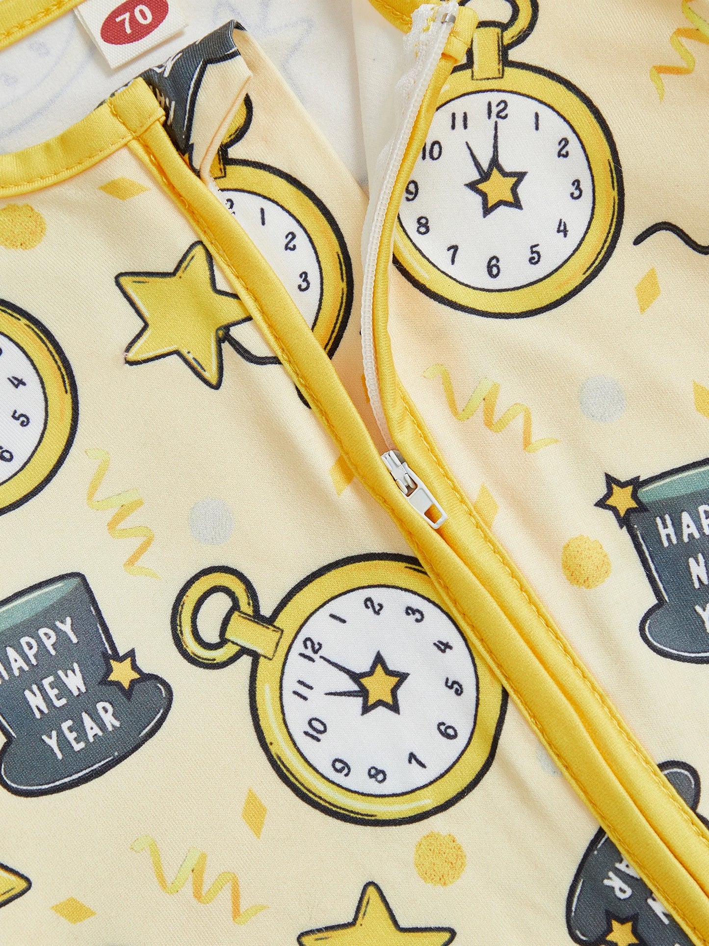 Baby Boy Girl 2Pcs Happy New Year Outfits Cute Long Sleeve Round Neck Hat Clock Print Footed Jumpsuit and Hat Set