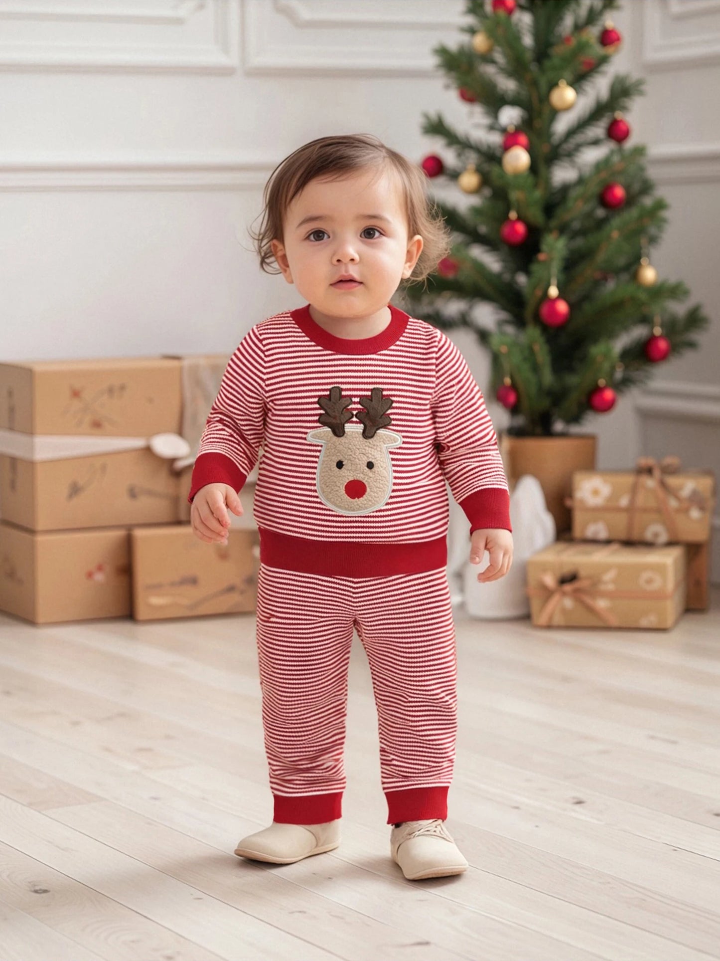 Baby Toddler Boys Girls 2Pcs Christmas Outfit Reindeer Embroidery Stripe Long Sleeve Round Neck Pullover Top + Elastic Waist Long Pants Jogger Set