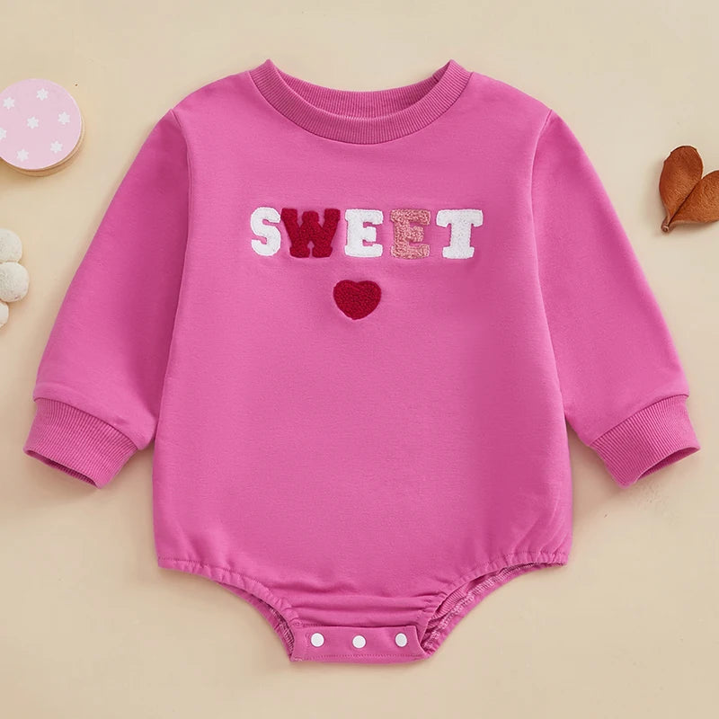 Baby Girls Bubble Romper Valentine's Day Be Mine / Kiss Me / Sweet Heart Letter Embroidered Long Sleeve Jumpsuit Valentines