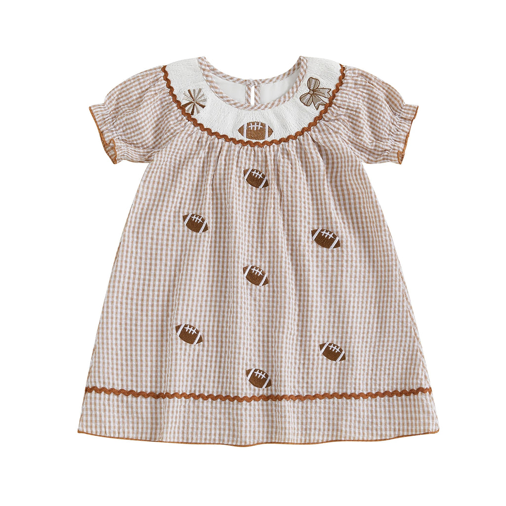Toddler Kids Girl Dress Loose Fit Football Embroidered Plaid Crew Neck Short Sleeve Dress Summer Fall