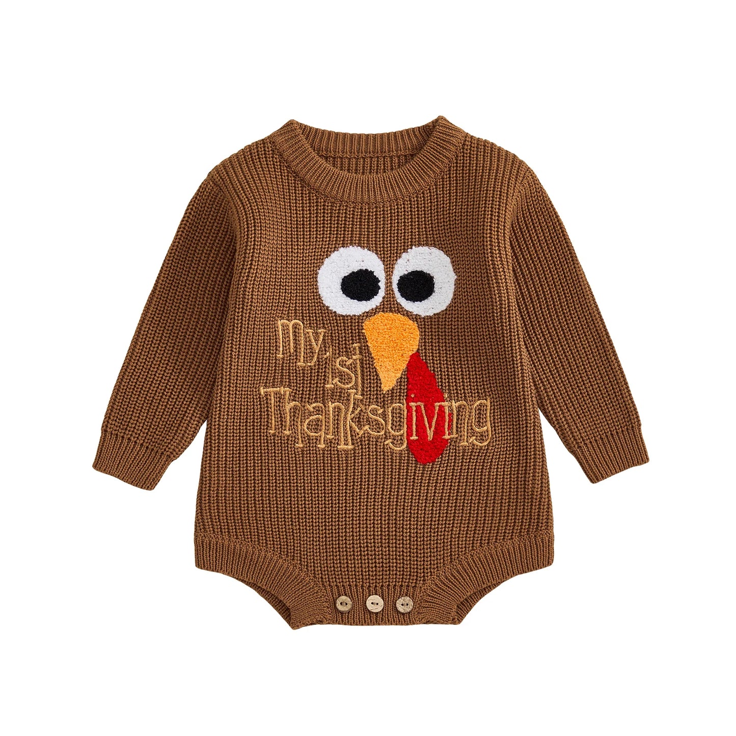 Baby Boys Girls My First Thanksgiving Romper Turkey Embroidery Long Sleeve Crew Neck Knit Bodysuit Romper