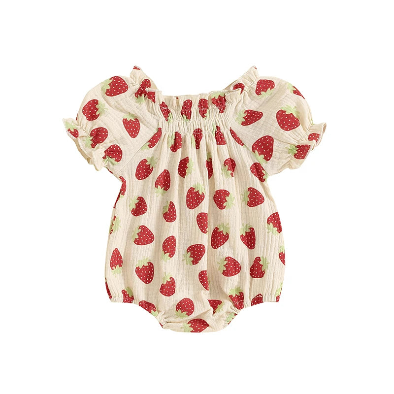 Baby Toddler Girls Strawberry Print Romper Square Neck Puff Sleeve Ruffled Summer Jumpsuit