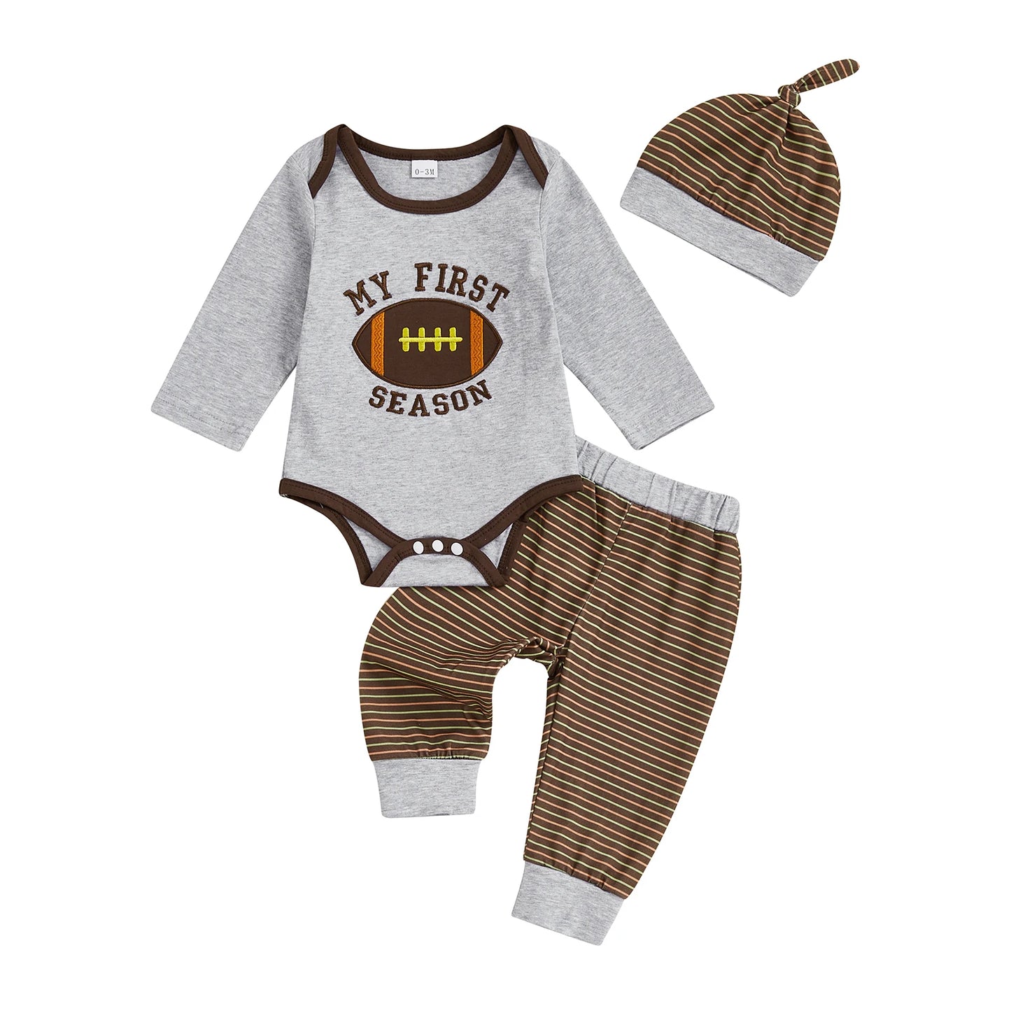 Baby Boys 3Pcs My First Football Season Fall Set Letter Embroidery Long Sleeve Romper Elastic Waist Striped Pants and Hat Outfit