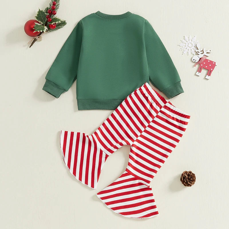 Baby Toddler Girls 2Pcs Christmas Outfit Santa Embroidery Long Sleeve Crewneck Top + Striped Flare Pants Set