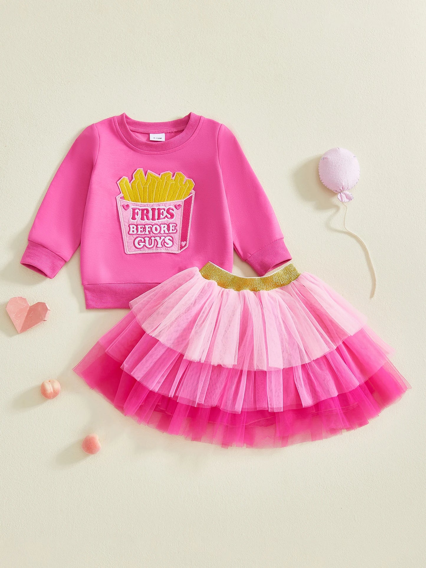 Baby Toddler Girls 2Pcs Fall Outfit French Fries Before Guys Letter Embroidered Long Sleeve Top and Layered Tulle Tutu Skirt Set