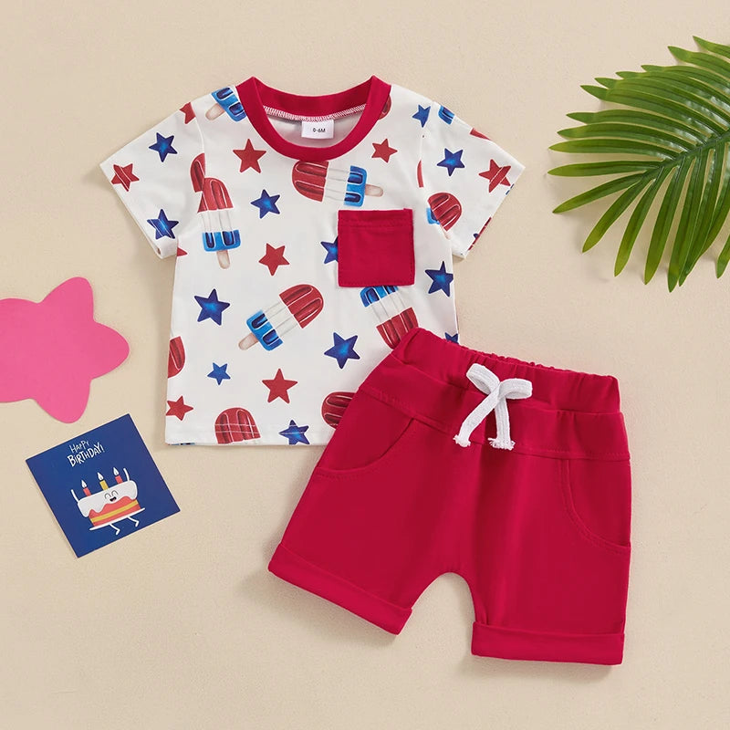 Baby Toddler Boy 2Pcs 4th of July Outfit Star Popsicle Print Short Sleeve Top with Pocket + Elastic Waist Shorts Independence Day Set