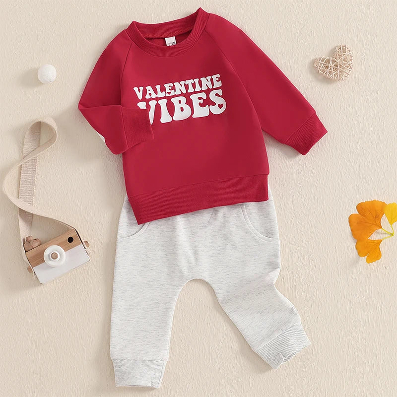 Baby Toddler Boys Girls 2Pcs Valentine Vibes Outfit Letter Print Long Sleeve Crewneck Top with Solid Pants Valentine's Day Jogger Set Valentines