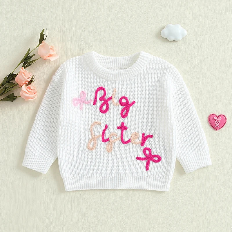 Baby Toddler Girls Lil/Big Sister Sweater Letter Bow Embroidery Crew Neck Long Sleeve Pullover Knit Top